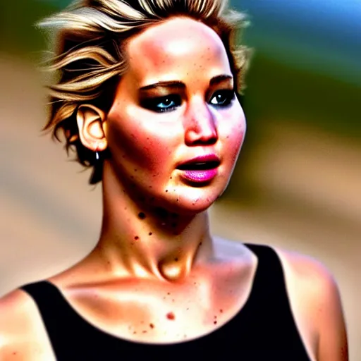 Prompt: beautiful hyperrealism hyperdetailed candid portrait of jennifer lawrence in happy disbelief because of a marriage proposal from jennifer lawrence, flushed face, red blush, puffy lips, soft features, 8 k, sharp focus, golden hour, beach setting