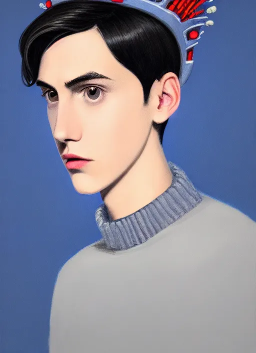 Image similar to portrait of teenage jughead jones wearing a light grey crown, crown, blue turtleneck, 1 9 5 0 s, closed eyes, photorealistic, black hair, glowing lighting, intricate, elegant, glowing lights, highly detailed, digital painting, artstation, concept art, smooth, sharp focus, illustration, art by wlop, mars ravelo and greg rutkowski