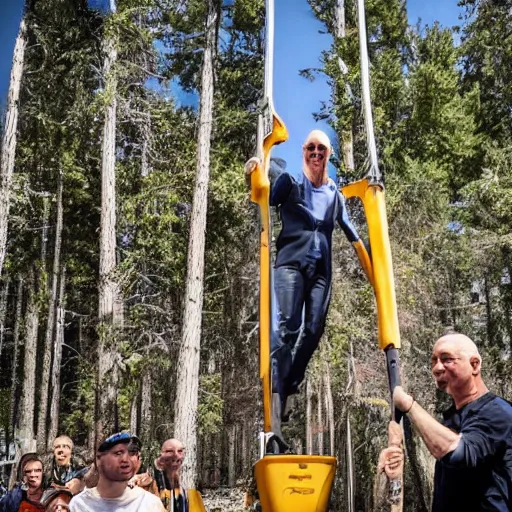 Image similar to bezos hanging by his feet over a wood chipper, with a large crowd cheering, 4k photo