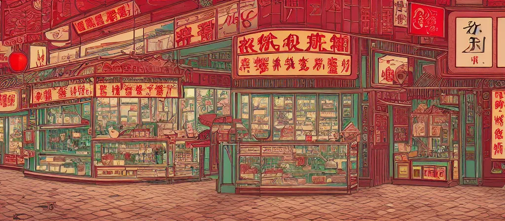 Image similar to a beautiful simple 4 k hd wallpaper illustration of interior view display of the corner of roasted string hotpot shop, simple style, from china, with merchant logo, simple structure, surrealistic, chinese style, victo ngai, james jean, denoise, deblurring