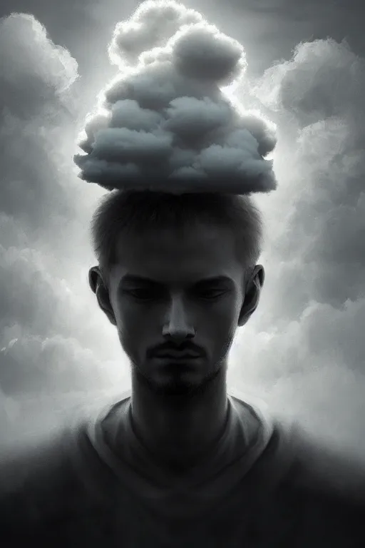 Image similar to of man with cloud head, in the style of etienne sandorfi, solarpunk, atmospheric, clean, intricate and epic composition, gray by caravaggio, insanely quality, highly detailed, masterpiece, white light, artstation, 4 k