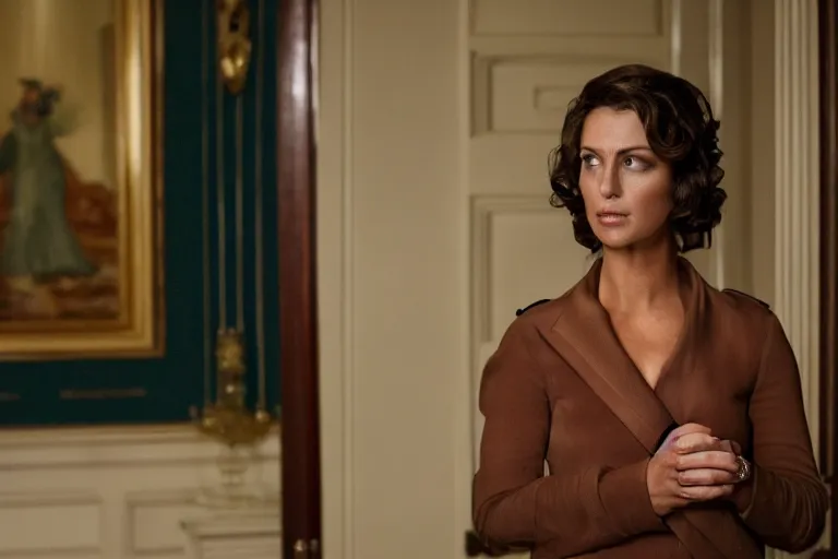 Image similar to cinematography closeup portrait of a beautiful lady cop talking to her shoulder radio in an decadent mansion foyer by Emmanuel Lubezki