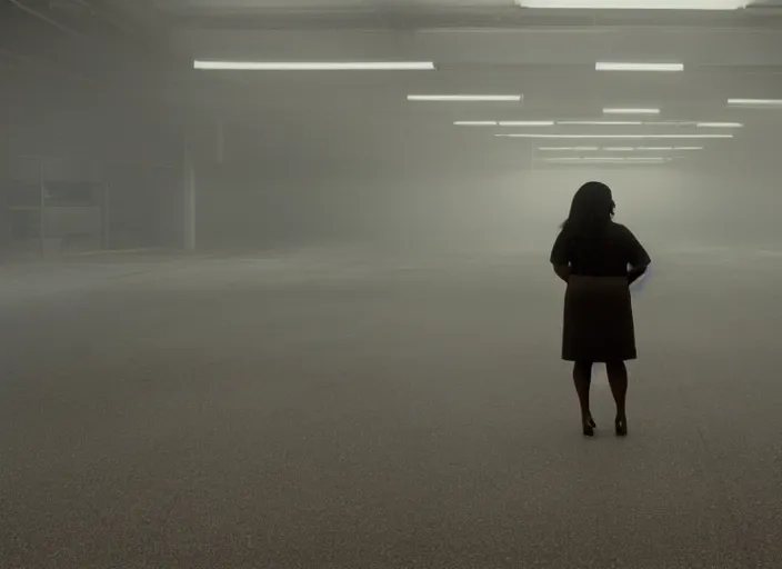 Image similar to cinematic screenshot high wide angle shot of octavia spencer standing in a foggy a desolate strange department store empty parking lot, one car, paranoia everywhere, screenshot from the tense psychological thriller film ( 2 0 0 1 ) directed by spike jonze, volumetric hazy lighting, anamorphic lens, moody cinematography, 3 5 mm kodak color stock