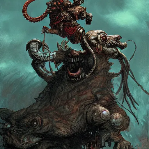 Prompt: a necromancer riding a rat, doom, horror scenery, by Keith Thompson