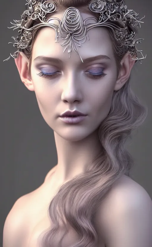Prompt: complex 3 d render, ultra detailed, realistic portrait of a beautiful porcelain skin woman, face, wispy, wavy hair worn tied back in a messy bun, wearing filigree silver elven circlet, wide open detailed eyes, round catchlights, flowers in hair, mauve lips, natural makeup, 8 5 mm lens, beautiful, studio portrait, proportional,
