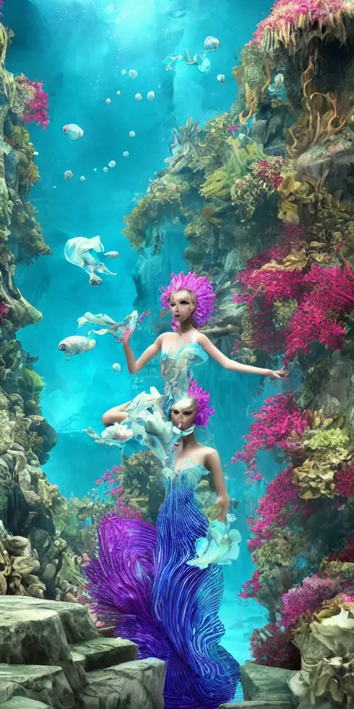 Prompt: #background a underwater city of Atlantis, anthropomorphic betta fish woman wearing a flowing couture dress made out of paper blue Bougainvillea, paper flowers, many origami betta fish, Origami coral, magestic light, 3D, very detailed, octane render, trending ArtStation, artgem