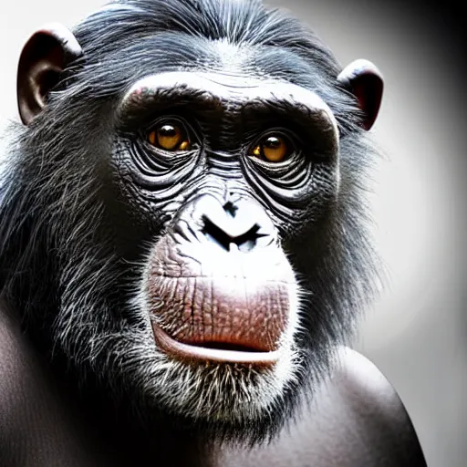 Image similar to a high detail closeup photograph of a chimpanze wearing a suit 👔, award wining photograph, digital art