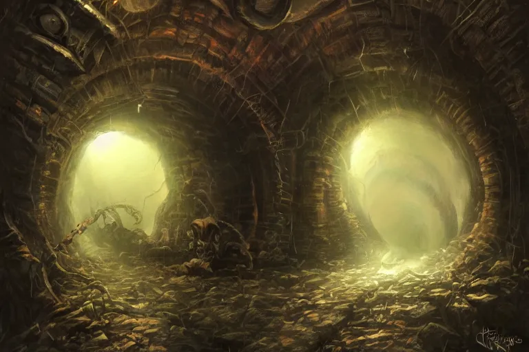 Prompt: a monstrous spider in a dark tunnel, cobwebs, in the style of ralph horsley, dramatic lighting, atmospheric, low angle, wide angle, hyper - realistic, concept art, highly detailed digital painting