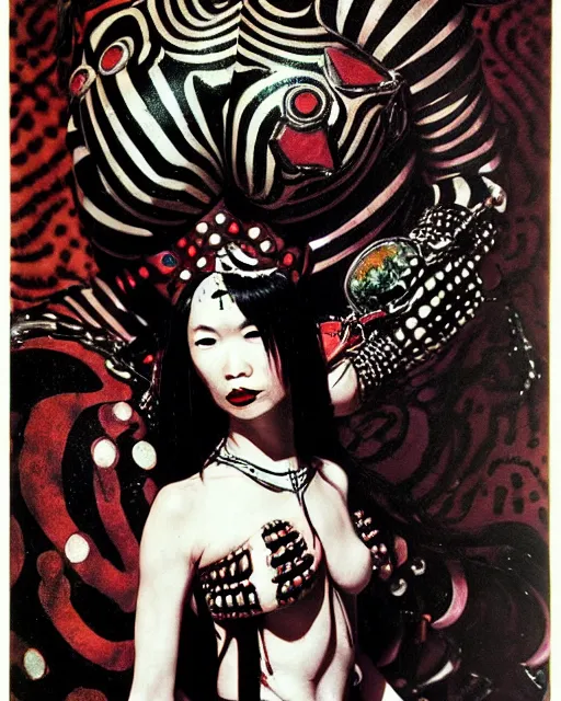 Prompt: portrait of a skinny punk goth yayoi kusama wearing armor by simon bisley, john blance, frank frazetta, fantasy, thief warrior, psychedelic fur