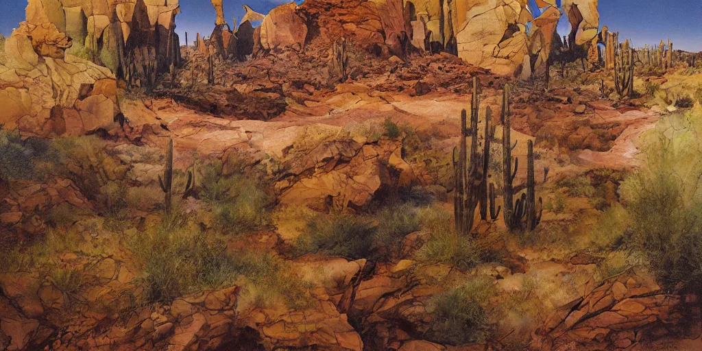 Prompt: Arizona desert, the passage of time, Oil Paint, Beautiful Lighting, by Michael William Kaluta