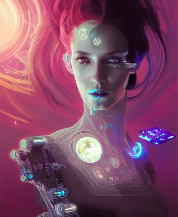 Image similar to a whirlwind of souls rushing inside the metaverse, hologram, half body, neurochip, shaved temple, piercing, jewelry, android, cyborg, cyberpunk face, by loish, d & d, fantasy, intricate, elegant, highly detailed, colorful, digital painting, artstation, concept art, art by artgerm and greg rutkowski and alphonse mucha