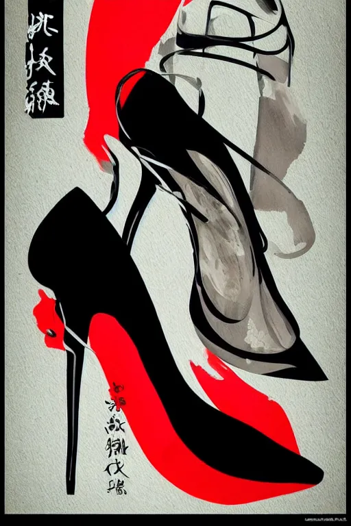 Prompt: black high heels with red bottoms, illustration, graphic design, high fashion, wall art, elegant, japanese art style,
