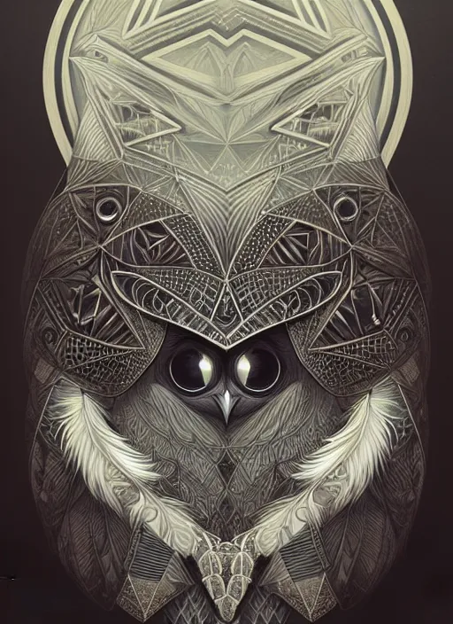 Image similar to portrait of a geometric owl, identical eyes, medium shot, illustration, full body made of white feathers, symmetrical, art stand, super detailed, cinematic lighting, and its detailed and intricate, gorgeous, by peter mohrbacher