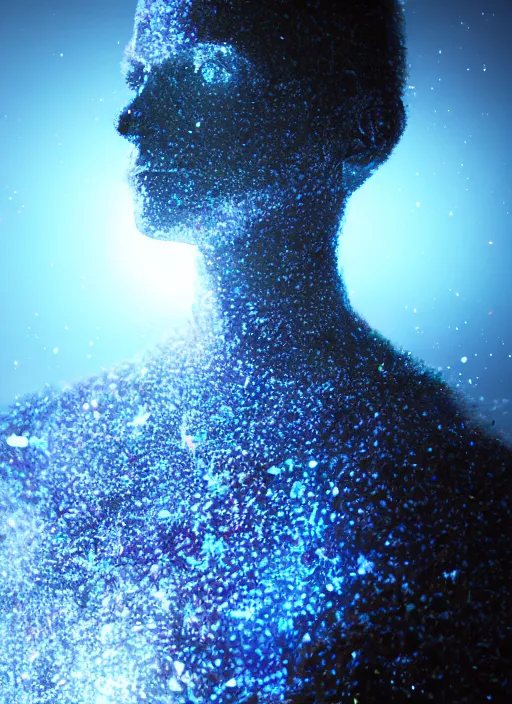 Image similar to crystallized human silhouette, large diffused glowing aura, long exposure, film grain, cinematic lighting, concept art, maximum detail, cgsociety