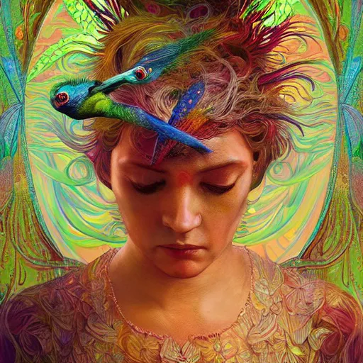 Image similar to A reality bending psychedelic ayahuasca experience, colorful, distorted, surreal, tropical bird feathers, dramatic lighting on the face, intricate, elegant, highly detailed, digital painting, concept art, smooth, sharp focus, illustration, art by Krenz Cushart and Wayne Barlowe and alphonse mucha