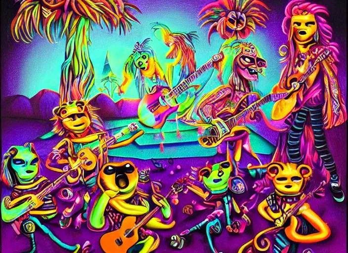 Image similar to a metal band holds a concert in the shadow dimension, an ultrafine detailed painting by lisa frank, trending on deviantart, pop surrealism, whimsical, lowbrow, colorful