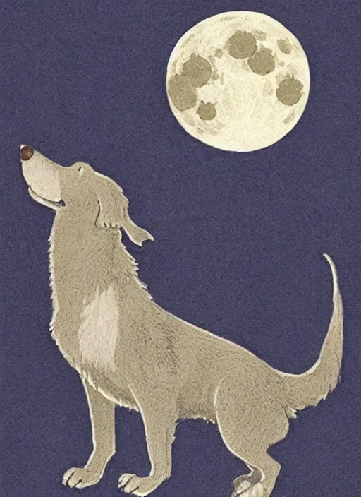 Prompt: dog silhouette howling at the moon, illustrated by peggy fortnum and beatrix potter