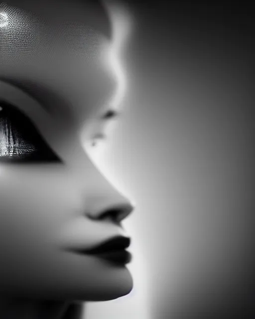 Image similar to black and white high quality photo of a female AI-queen-dragon-meshes-cyborg-doll looking into a sci-fi mirror, volumetric lighting, brutalism, foggy, dreamy, hyperdetailed, bokeh, photorealistic, cinematic, masterpiece, elegant, dark, in the style of Man Ray, octane render, 8K,