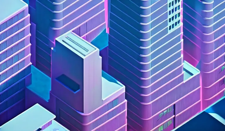 Image similar to a beautiful, sharp focus, and immaculate overcast futuristic isometric city. vaporwave ombre rendering. outrun style. trending on artstation. recommended for you behance. by chris moore. by edward hopper. beeple colors. ambient occlusion. digital matte painting. metropolis filmic. gotham city.