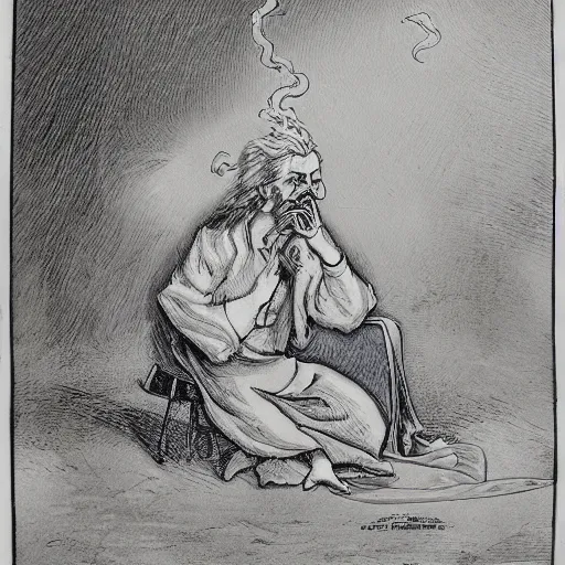 Prompt: highly detailed figure of a person with long white hair coming depicted as smoke coming out from smoking pipe, meditation, comic art, intricate, elegant.