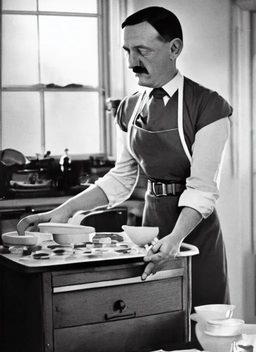 Prompt: a 35mm photograph of Hitler in an apron, dressed as a housewife, baking a cake, in the 1950's, bokeh, Canon 50mm, cinematic lighting, photography, retro, film, Kodachrome