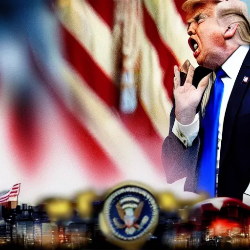 Image similar to donald trump screams so loudly that his head explodes, realistic, hdr, clear image, thunderstorm in donald trump's office, 8 k, super real event,