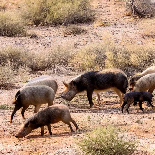Prompt: photo of a pack of wild pigs, in the Texas desert, cactus, desert mountains, big bend, 50mm, beautiful photo,