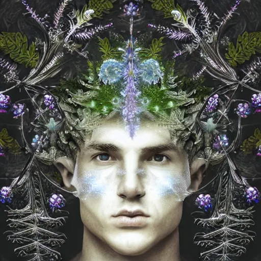 Image similar to half figure shot of a male angelic knight, stern face, clear eyes, shining sword, in a dark forest, shining armour made of steel and flowers, and fractal flowery hair in a fractal garden, glowing delicate flower, berries and ferns that grow in a dark fantasy forest, clear face, peaceful face,