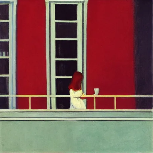 Image similar to “ a girl holding a cup of coffee looking out a window overlooking the east village in new york city, morning light, by edward hopper ”