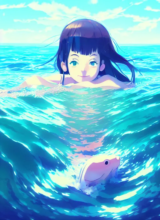 Image similar to portrait of a cute girl swimming in the ocean, illustration concept art anime key visual, very trippy and abstract, trending pixiv fanbox by wlop and greg rutkowski and makoto shinkai and studio ghibli and kyoto animation