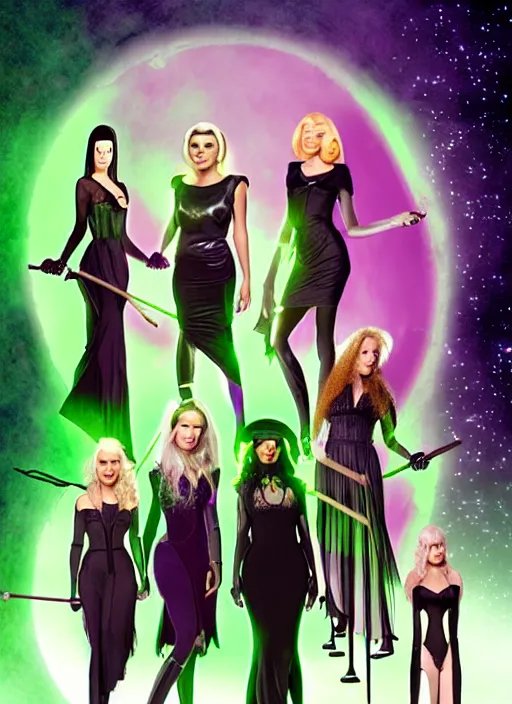 Image similar to futuristic coven of witches led by a beautiful woman with blonde hair who wields green magic