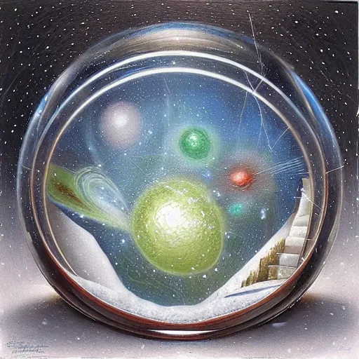 Image similar to “ depiction of the beginning of the universe inside a snow globe, surreal, award winning, highly detailed, style by mark rogers, paul bonner, oil on canvas. ”