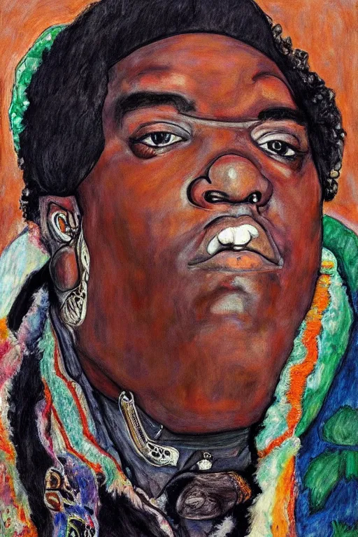 Image similar to a portrait of biggie smalls wearing boho - chic style clothes, with a fur muffler, full body!!, realistic painting in egon schiele style, masterpiece, hyperdetailed, complex, intricate, 4 k, trending on artstation