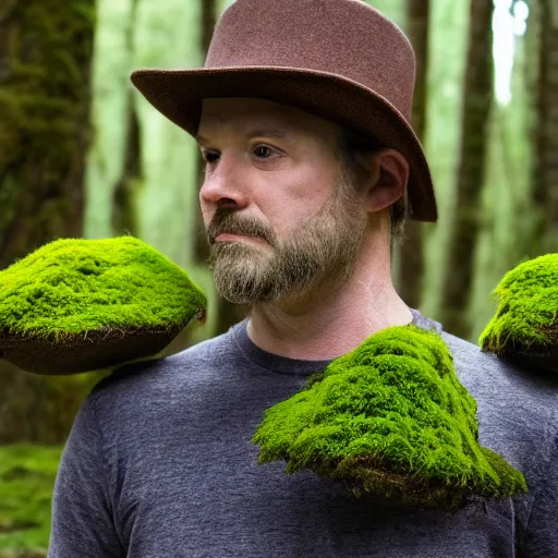 Image similar to portrait of a man with hat made of moss, 4k, full shot, high details, natural light, Forrest in background