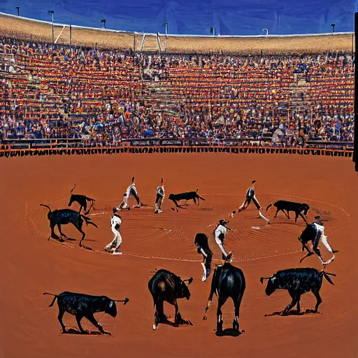 Image similar to by neil welliver, by martin deschambault navajo bleak. a photograph of a bullfight in spain. the photograph is set in an arena with spectators in the stands. several figures in the photograph, including a matador & a bull.