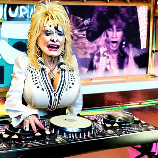 Image similar to dolly parton on the dj decks