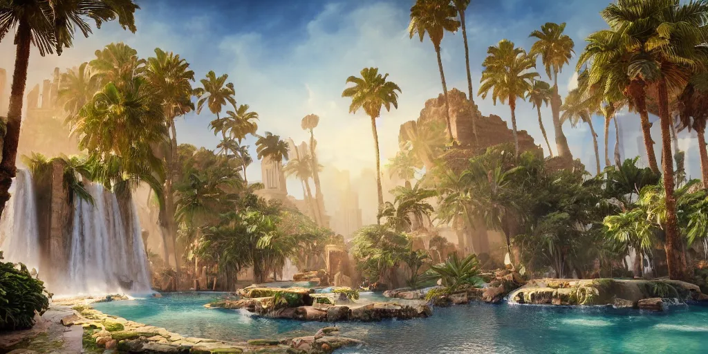 Image similar to beautiful oasis waterfalls surrounded by palm trees, moroccan tile archways, date trees, ivory towers, sun setting, ross tran, nephilim, pyroclastic flow, ethereal, fantasy, james jean, oozium, peter morbacher angelarium alchemy luxury heavenly light soft illumination, trending on artstation, cinematic lighting, digital painting, octane render, artgerm