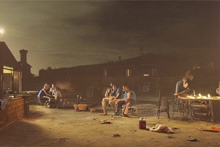 Image similar to It's a deep night, in the yard, in the distance two guys are grilling kebabs and chatting about the meaning of life, in the foreground on the left by the garage wall is a long table and two long benches with six girls and four guys sitting on them, one guy has an acoustic guitar and another guy is vaping, and to the right in the foreground is a vegetable garden, and one guy stepped in the bed by accident, and the other two guys are pulling him out of it