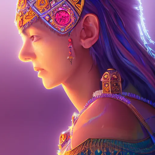 Image similar to portrait highly detailed beautiful symmetrical face high priestess intricate elegant detailed crystal jewellery with tribal feathers, lush colourful volumetric lighting, anime digital painting, concept art, smooth, sharp focus 3 d, divine realm of gods, realistic cinematic style, octane render, photographic, unreal engine 8 k