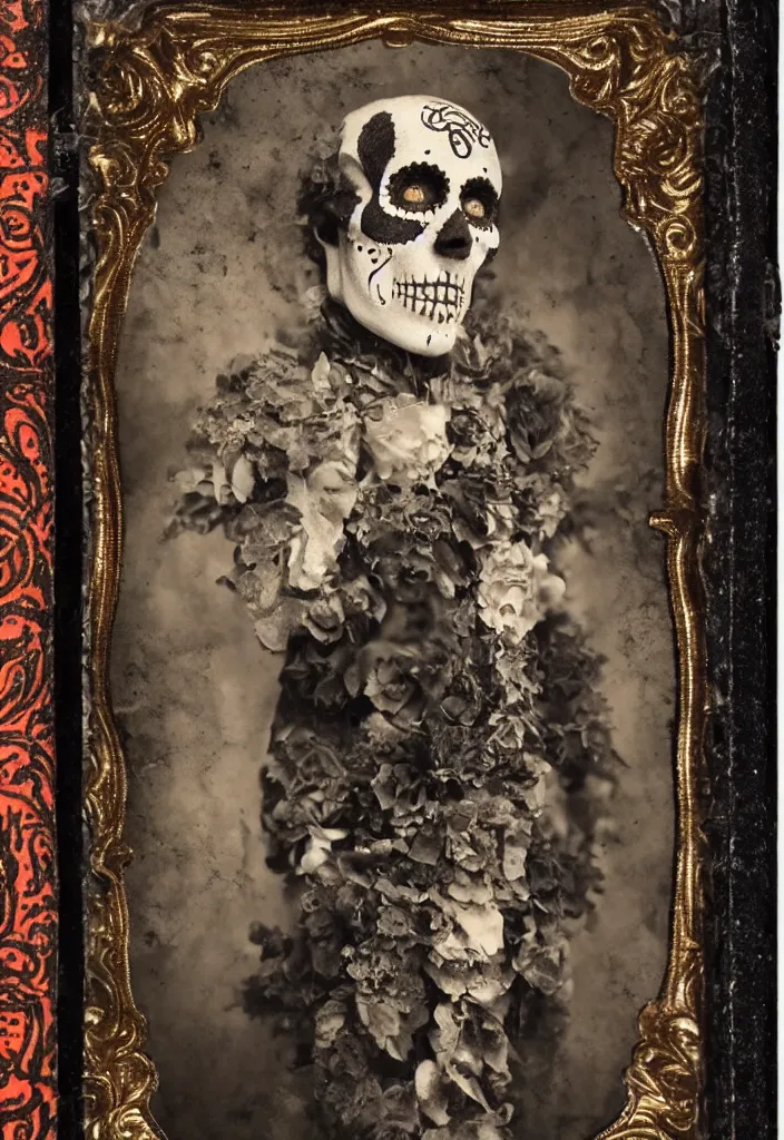 Image similar to tintype full body view, man in dia de muertos suit and make up, horrific beautiful vibe, evocative, atmospheric lighting, painted, intricate, highly detailed,