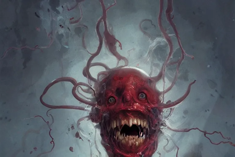 Image similar to painting by greg rutkowski of a flying crying human head and face that is chalk white in color, with tentacles coming of the neck, fiery red eyes, flying in a terrying hell like cavernous place