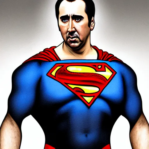 Image similar to upper body portrait of nicolas cage as superman, intricate, elegant, highly detailed, digital painting, artstation, concept art, smooth, sharp focus, illustration, art by artgerm and greg rutkowski and alphonse mucha, 8 k