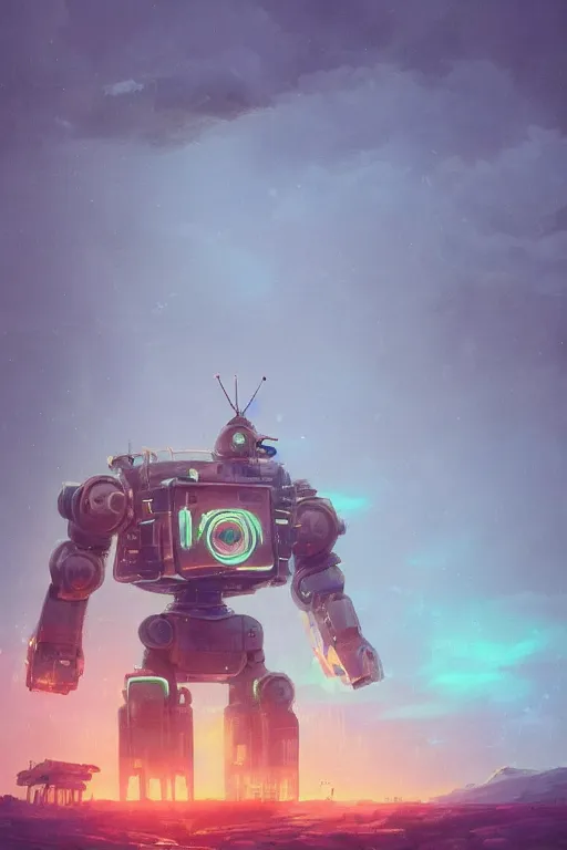 Prompt: Giant broken robot, illustrated by Simon Stålenhag and Ivan Ayvazovsky, 35mm lens, beautiful macro close-up imagery, rule of third, vibrantly lush neon lighting, beautiful volumetric-lighting-style atmosphere, a futuristic rural atmosphere, intricate, ultra detailed, photorealistic imagery, trending on artstation, 4k, 8k