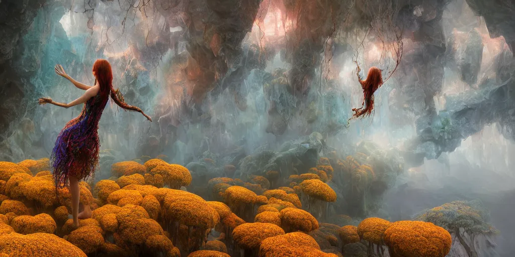 Prompt: Photorealistic intricate detailed picture of a levitating floating woman made out of colorful fungus tendrils, with arms outstretched. a gentle rising mist, an epic rocky landscape. occult photorealism, UHD, amazing depth, glowing, golden ratio, 3D octane cycle unreal engine 5, volumetric lighting, cinematic lighting, cgstation artstation concept art