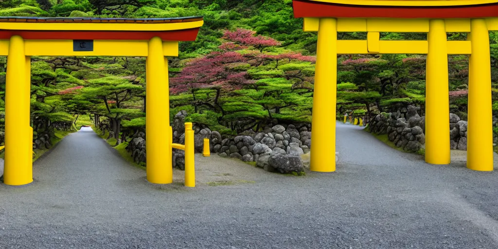 Prompt: Yellow school bus driving towards a Japanese Torii gate at Mount Fuji location in Japan, time travel, ray tracing