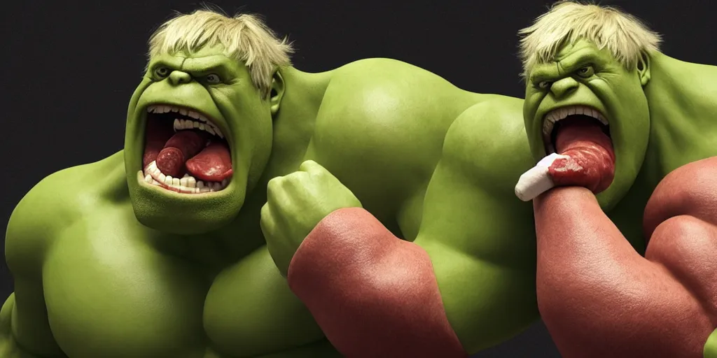 Image similar to boris johnson as the hulk eating a big sausage, focused shot, realistic, octane render