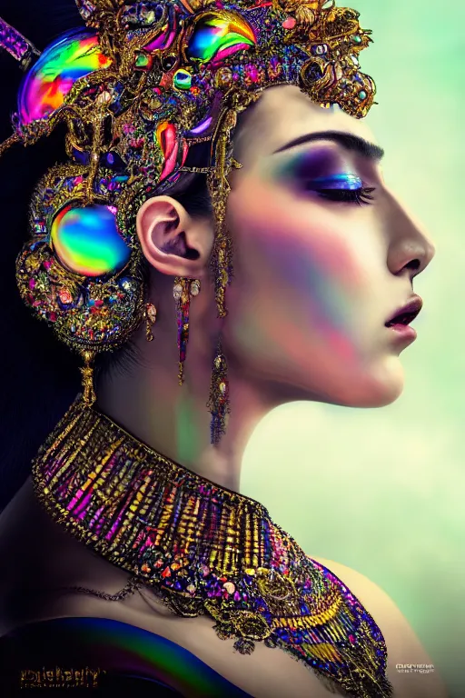 Image similar to a singular beautiful empress dramatic portrait, black hair, with a brilliant, impossible striking shiny big multi colored crystal headpiece, symmetrical, reflective surface, rainbow crystal clothes, rococo, baroque, jewels, asian, realistic, dramatic studio lighting, closeup, D&D, fantasy, intricate, elegant, highly detailed, digital painting, artstation, octane render, 8k, concept art, matte, sharp focus, illustration, art by Artgerm and Greg Rutkowski and Alphonse Mucha