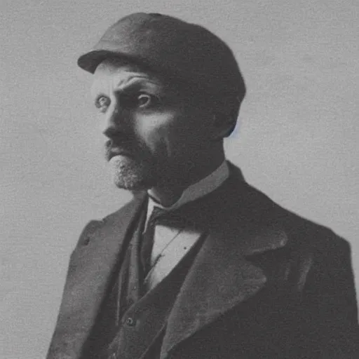 Image similar to headshot edwardian photograph of anthony hopkins, mads mikkelsen, arthur shelby, terrifying, scariest looking man alive, 1 8 9 0 s, london gang member, intimidating, fearsome, realistic face, peaky blinders, 1 9 0 0 s photography, 1 9 1 0 s, grainy, blurry, very faded, victorian