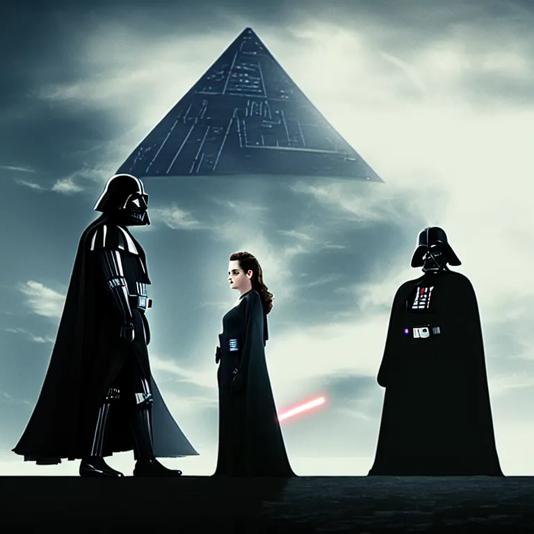 Image similar to darth vader and kristen stewart staying close together in front of, on the background star destroyer, romantic poster for the twillight movie high quality photorealistic