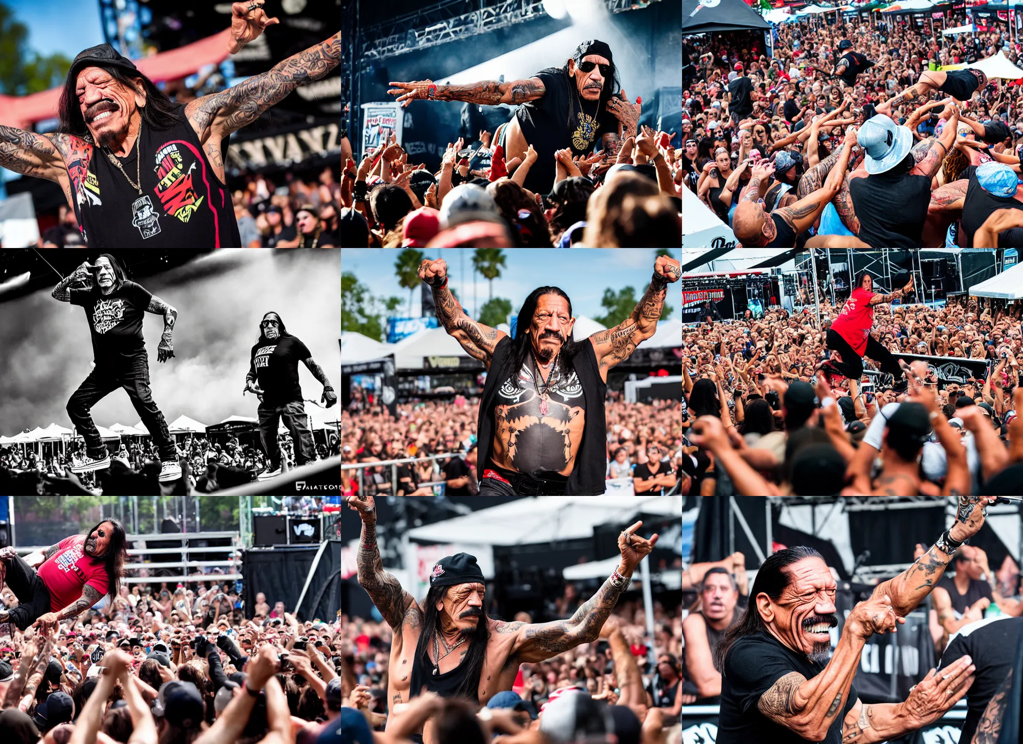 Image similar to photo still of danny trejo at vans warped tour!!!!!!!! at age 6 3 years old 6 3 years of age!!!!!!! stage diving at a crowd, 8 k, 8 5 mm f 1. 8, studio lighting, rim light, right side key light